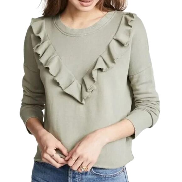 Free People Ooh La La Ruffle Front Sweatshirt in Green EUC Size XS - Picture 1 of 4